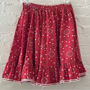 Vintage Red Bandana Print Skirt Elastic Waist Boho Rockabilly Cowgirl cottage